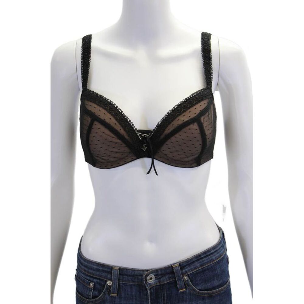 Masquerade Womens Polka Dot Lace Trim Croquette Balconette Bra Black Size 34FF